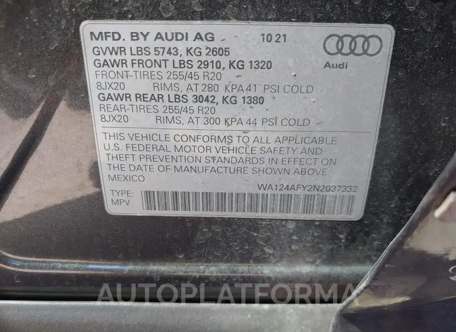 AUDI SQ5 SPORTBACK 2022 vin WA124AFY2N2037332 from auto auction Iaai