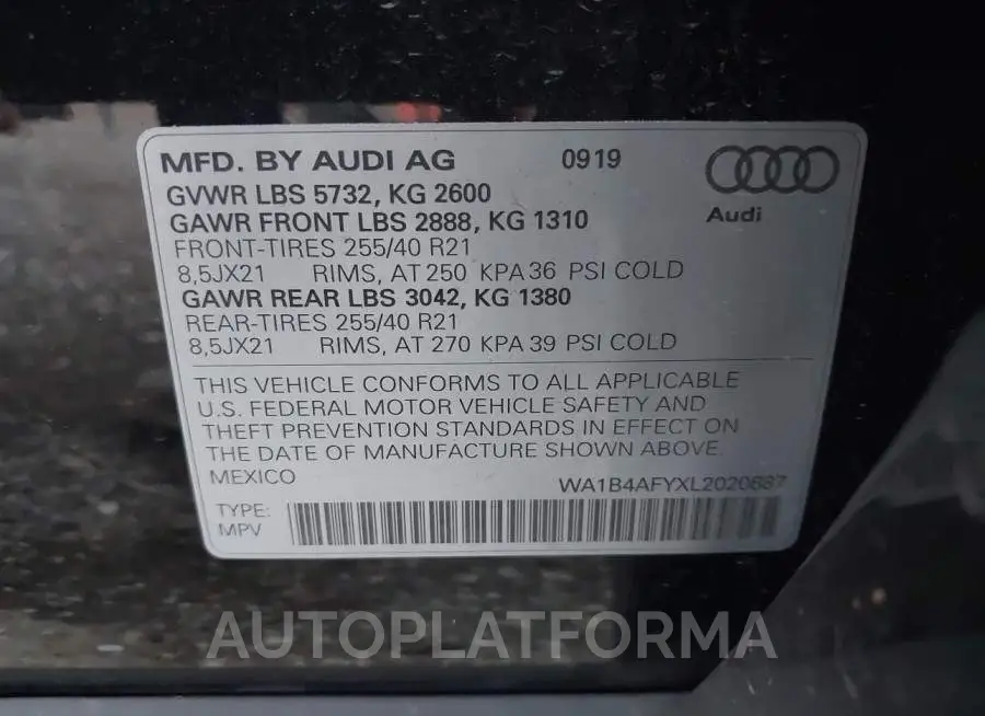 AUDI SQ5 2020 vin WA1B4AFYXL2020887 from auto auction Iaai