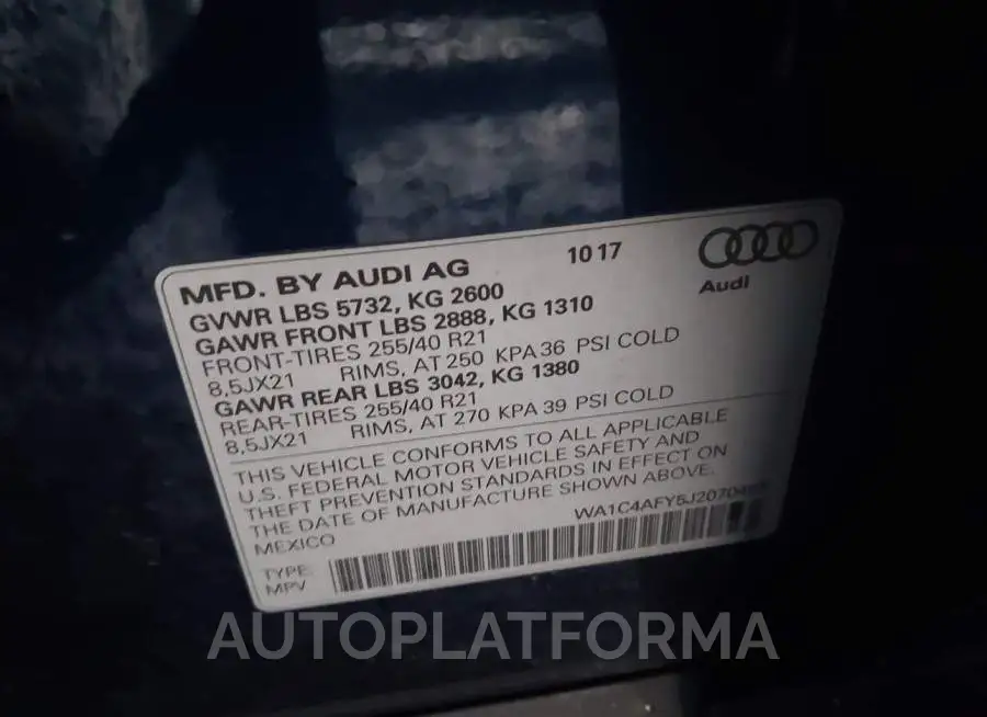 AUDI SQ5 2018 vin WA1C4AFY5J2070467 from auto auction Iaai