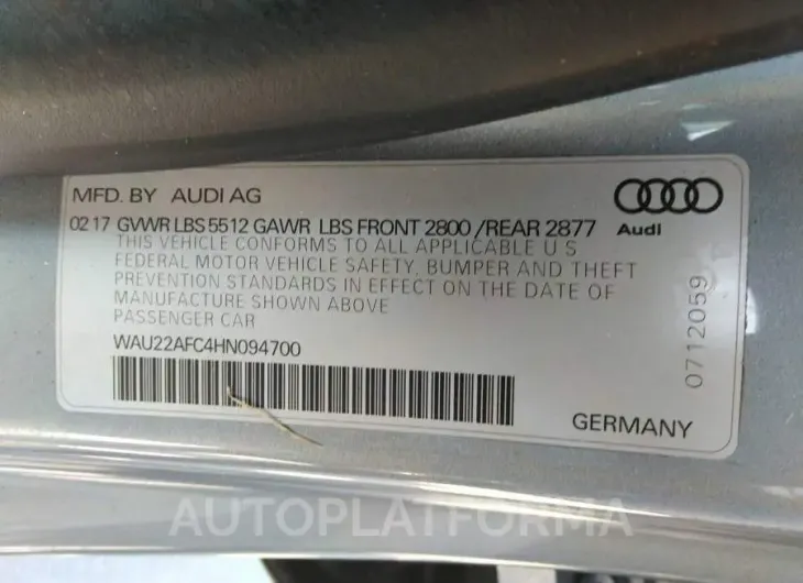 AUDI A7 2017 vin WAU22AFC4HN094700 from auto auction Iaai