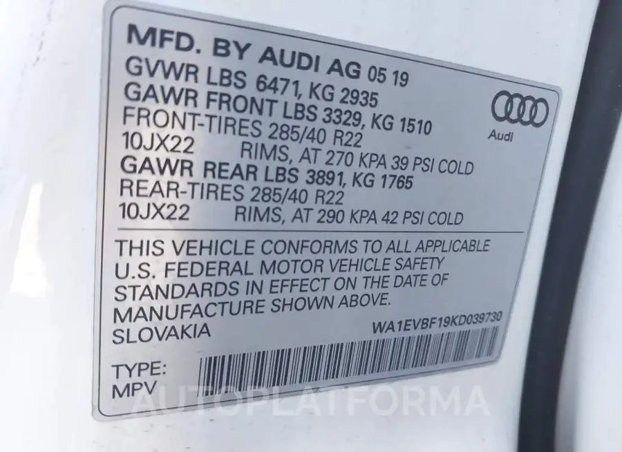 AUDI Q8 2019 vin WA1EVBF19KD039730 from auto auction Iaai