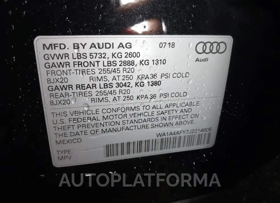 AUDI SQ5 2018 vin WA1A4AFY7J2214608 from auto auction Iaai