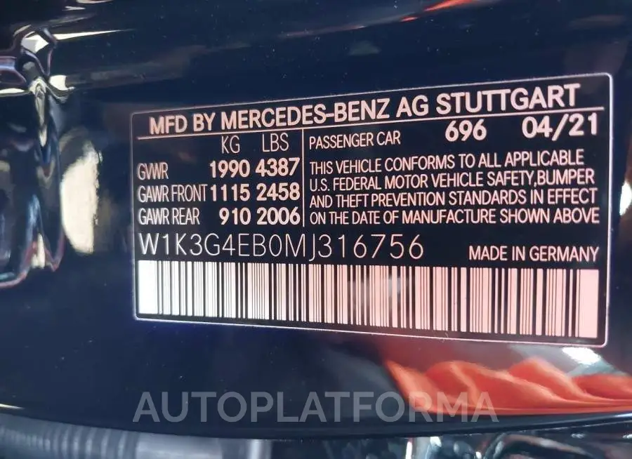 MERCEDES-BENZ A-CLASS 2021 vin W1K3G4EB0MJ316756 from auto auction Iaai