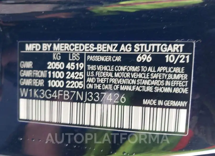 MERCEDES-BENZ A-CLASS 2022 vin W1K3G4FB7NJ337426 from auto auction Iaai