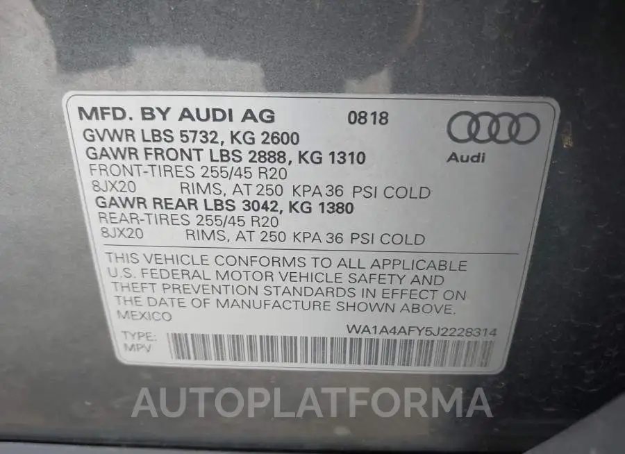 AUDI SQ5 2018 vin WA1A4AFY5J2228314 from auto auction Iaai