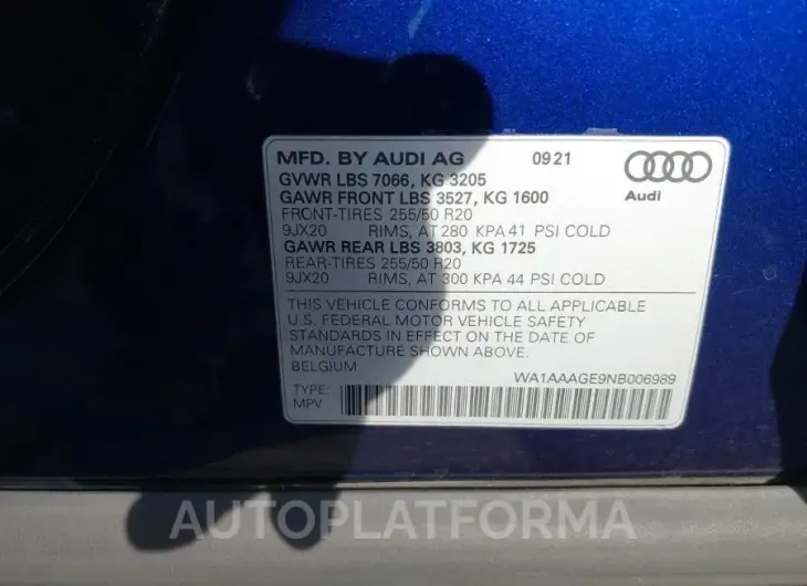 AUDI E-TRON 2022 vin WA1AAAGE9NB006989 from auto auction Iaai