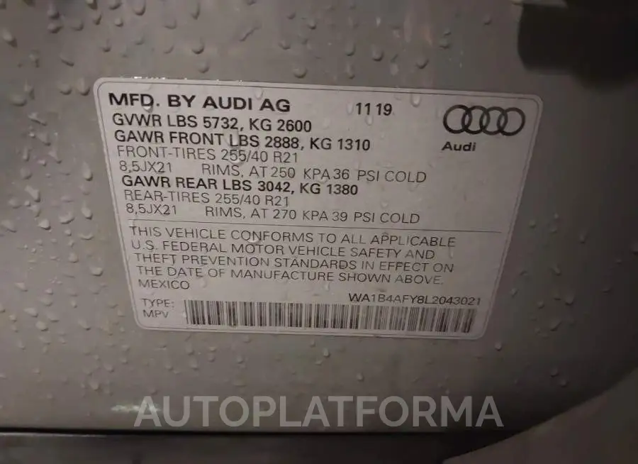 AUDI SQ5 2020 vin WA1B4AFY8L2043021 from auto auction Iaai