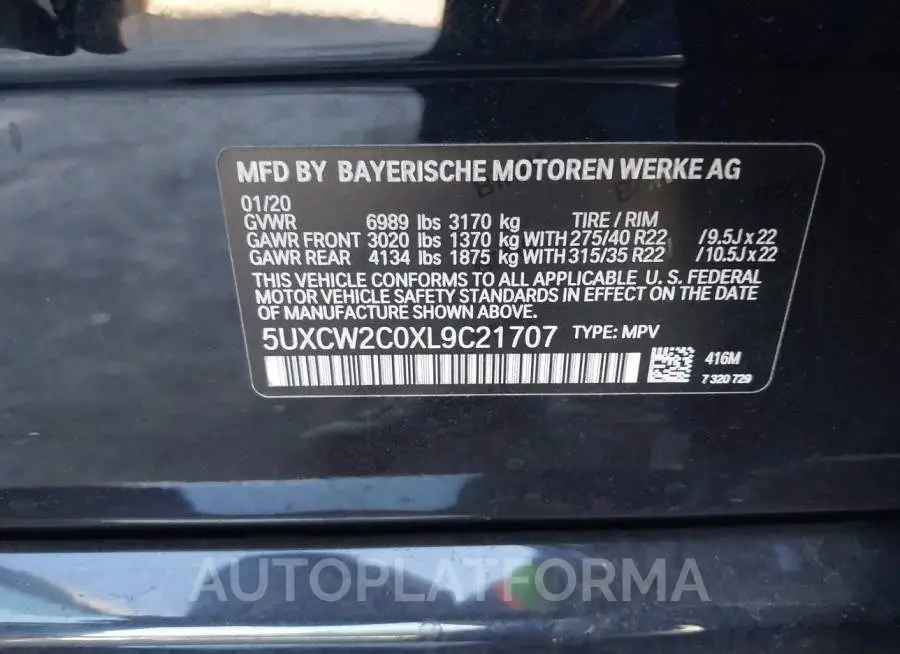 BMW X7 2020 vin 5UXCW2C0XL9C21707 from auto auction Iaai