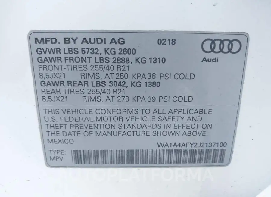 AUDI SQ5 2018 vin WA1A4AFY2J2137100 from auto auction Iaai