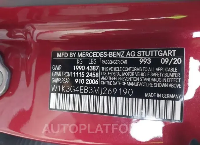 MERCEDES-BENZ A 220 2021 vin W1K3G4EB3MJ269190 from auto auction Iaai