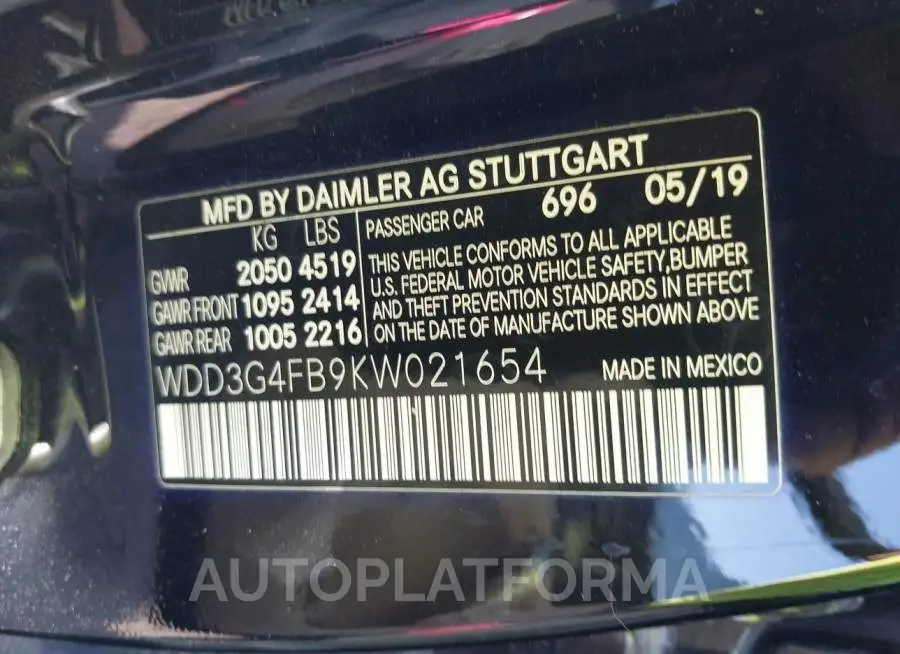 MERCEDES-BENZ A 220 2019 vin WDD3G4FB9KW021654 from auto auction Iaai