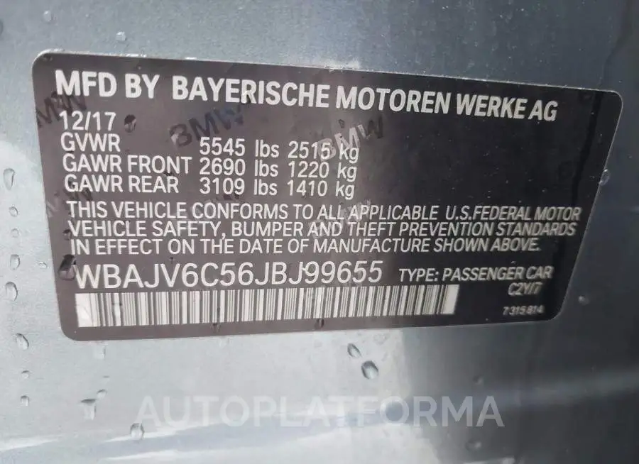 BMW 640I GRAN TURISMO 2018 vin WBAJV6C56JBJ99655 from auto auction Iaai