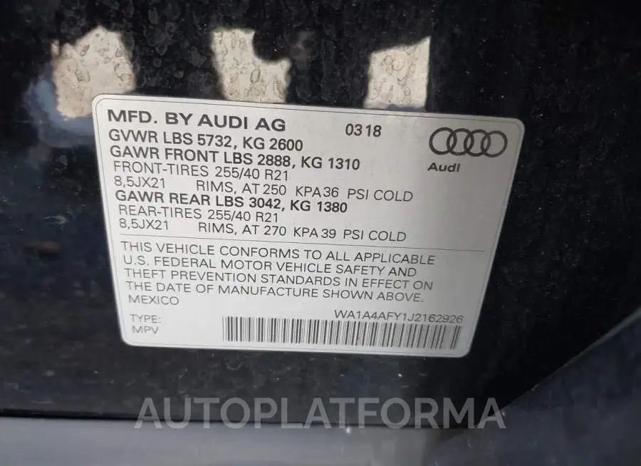 AUDI SQ5 2018 vin WA1A4AFY1J2162926 from auto auction Iaai