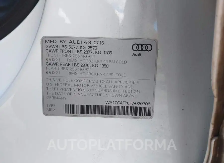 AUDI SQ5 2017 vin WA1CCAFP8HA020706 from auto auction Iaai