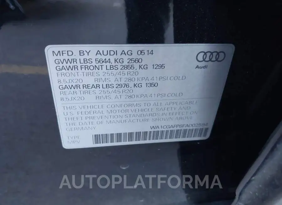 AUDI SQ5 2015 vin WA1CGAFP8FA002594 from auto auction Iaai