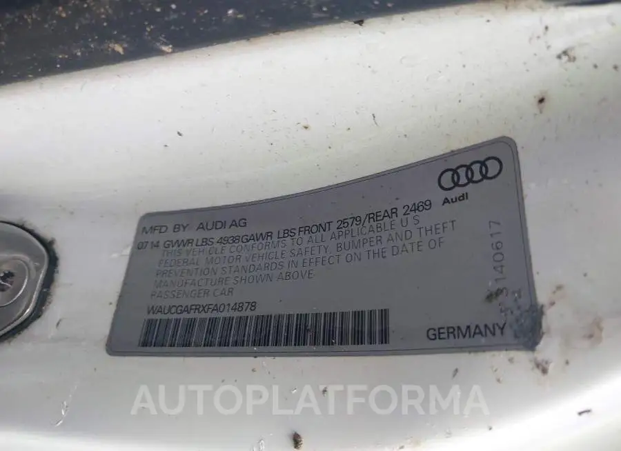 AUDI S5 2015 vin WAUCGAFRXFA014878 from auto auction Iaai