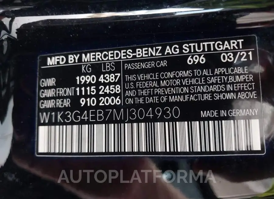 MERCEDES-BENZ A 220 2021 vin W1K3G4EB7MJ304930 from auto auction Iaai