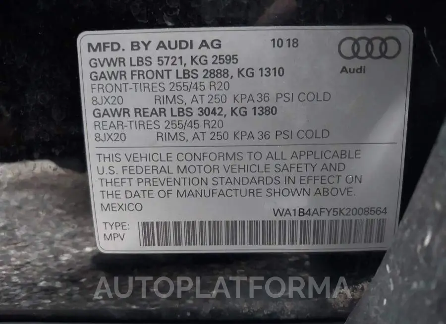 AUDI SQ5 2019 vin WA1B4AFY5K2008564 from auto auction Iaai