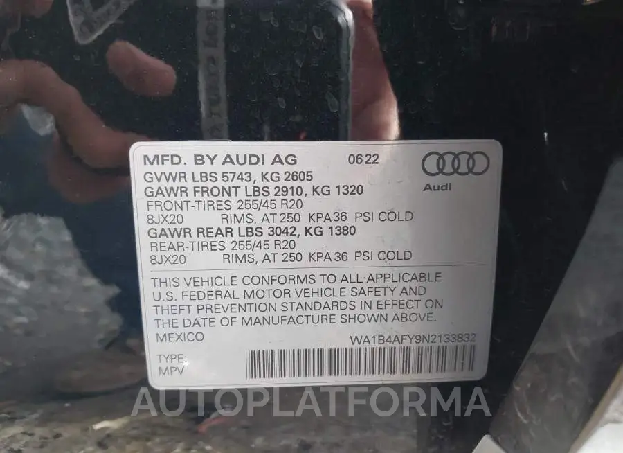 AUDI SQ5 2022 vin WA1B4AFY9N2133832 from auto auction Iaai