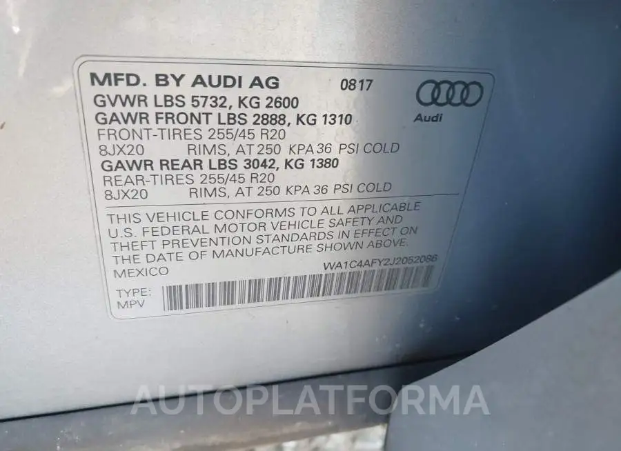 AUDI SQ5 2018 vin WA1C4AFY2J2052086 from auto auction Iaai