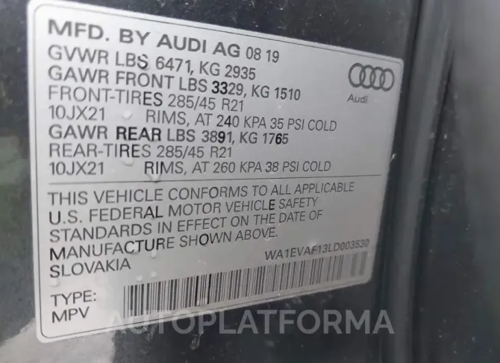 AUDI Q8 2020 vin WA1EVAF13LD003530 from auto auction Iaai