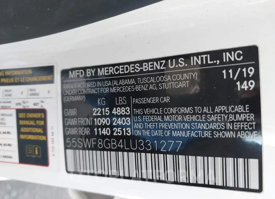 MERCEDES-BENZ AMG C 63 2020 vin 55SWF8GB4LU331277 from auto auction Iaai