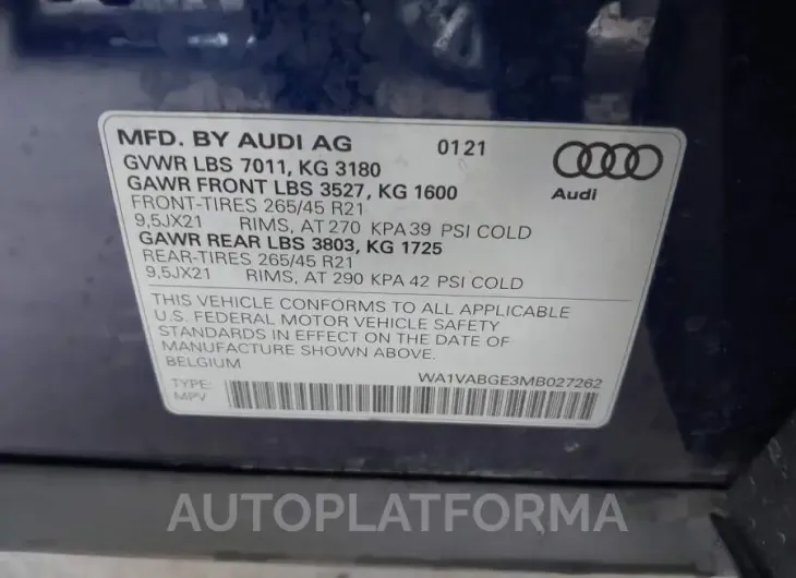 AUDI E-TRON 2021 vin WA1VABGE3MB027262 from auto auction Iaai