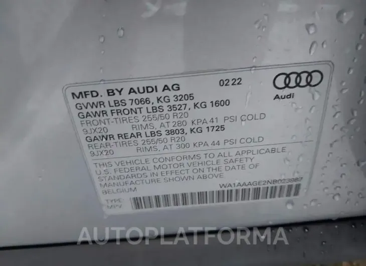 AUDI E-TRON 2022 vin WA1AAAGE2NB023987 from auto auction Iaai