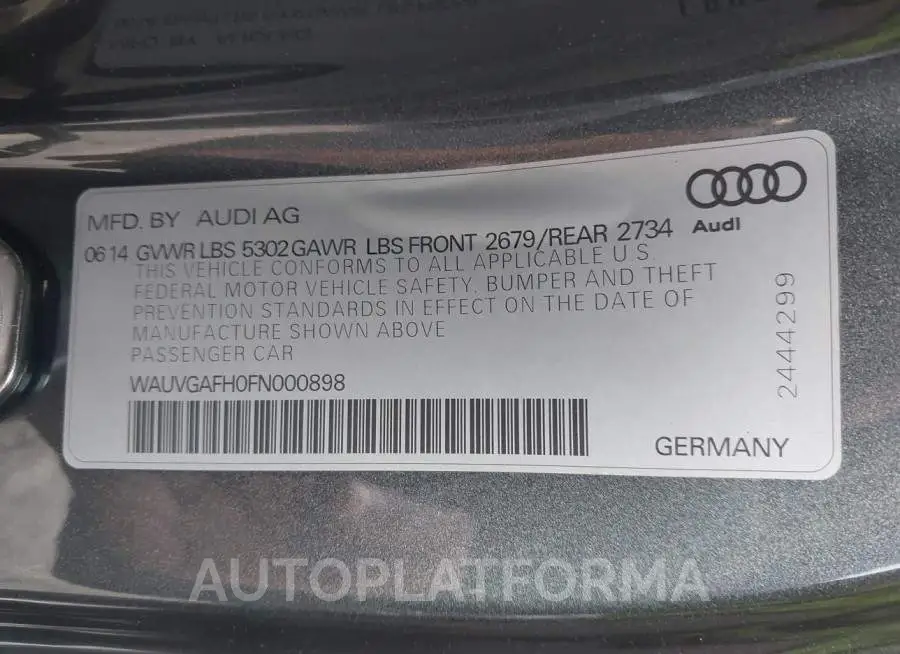 AUDI S5 2015 vin WAUVGAFH0FN000898 from auto auction Iaai