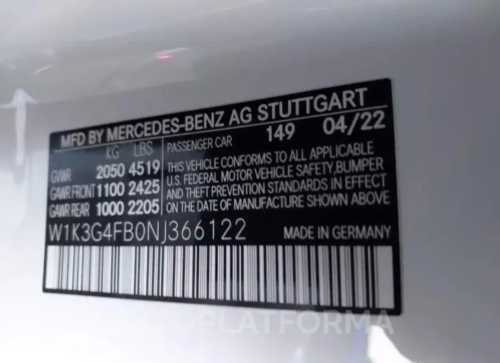 MERCEDES-BENZ A 220 2022 vin W1K3G4FB0NJ366122 from auto auction Iaai