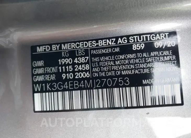 MERCEDES-BENZ A 220 2021 vin W1K3G4EB4MJ270753 from auto auction Iaai