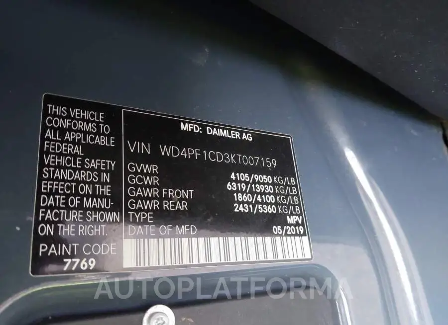 MERCEDES-BENZ SPRINTER 2500 2019 vin WD4PF1CD3KT007159 from auto auction Iaai