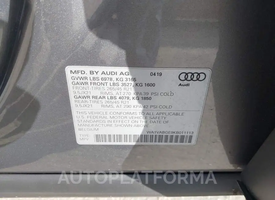 AUDI E-TRON 2019 vin WA1VABGE9KB011113 from auto auction Iaai