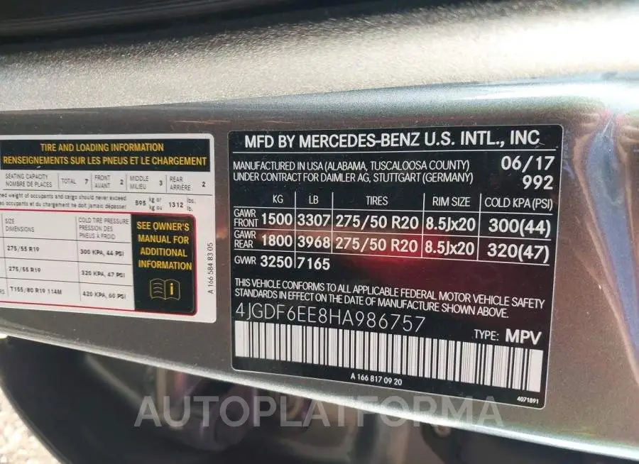 MERCEDES-BENZ GLS 450 2017 vin 4JGDF6EE8HA986757 from auto auction Iaai