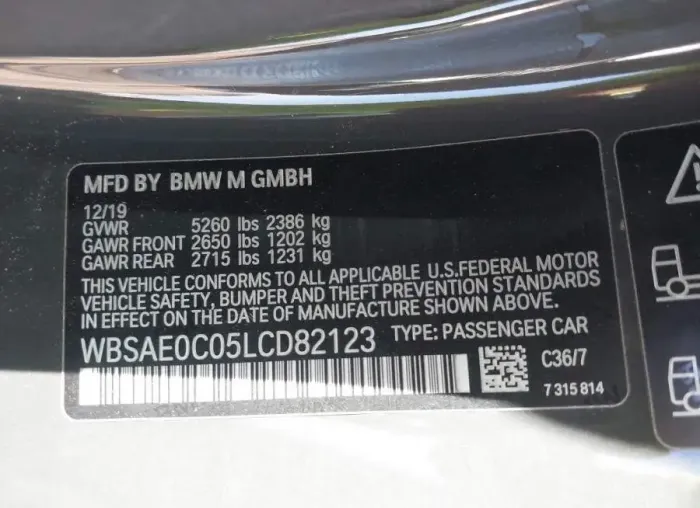 BMW M8 2020 vin WBSAE0C05LCD82123 from auto auction Iaai