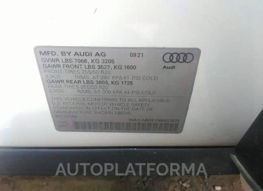 AUDI E-TRON 2022 vin WA1LABGE1NB007875 from auto auction Iaai