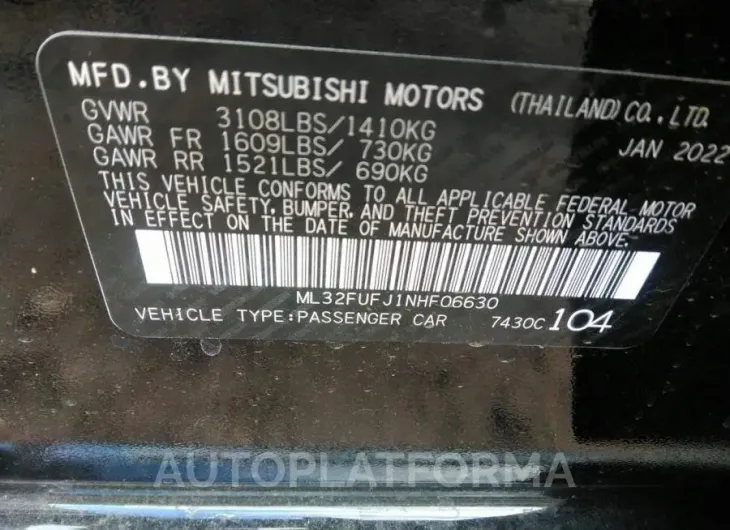 MITSUBISHI MIRAGE G4 2022 vin ML32FUFJ1NHF06630 from auto auction Iaai