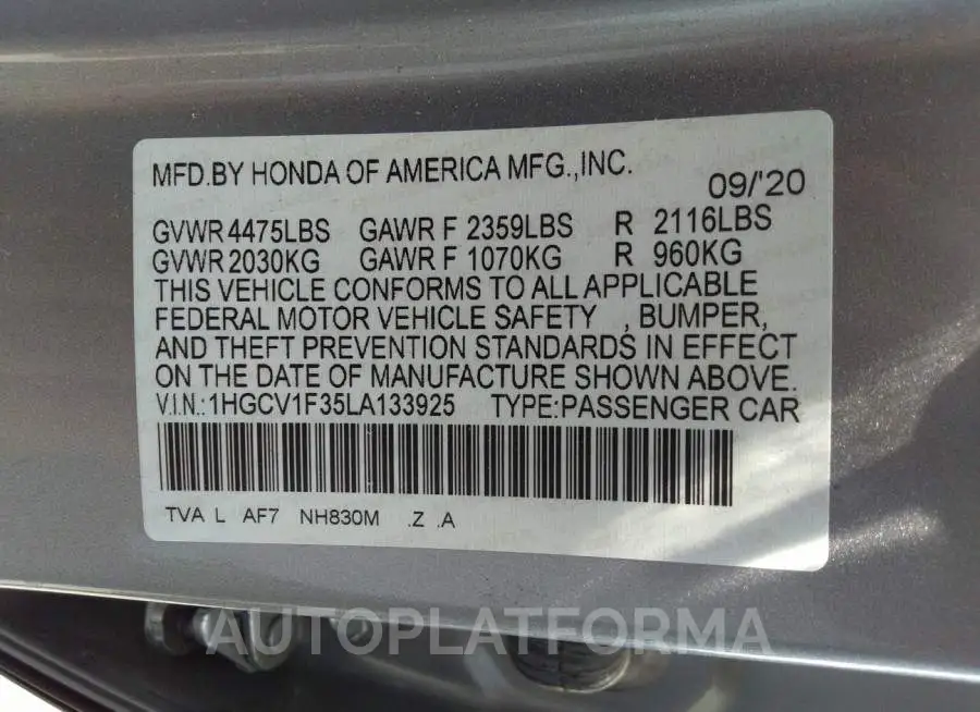 HONDA ACCORD SEDAN 2020 vin 1HGCV1F35LA133925 from auto auction Iaai