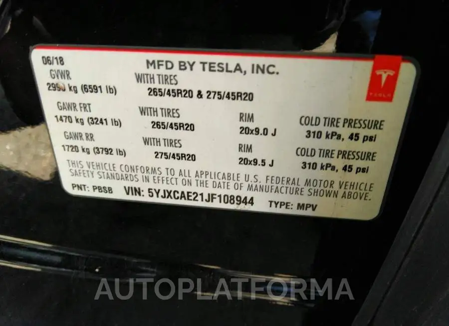 TESLA MODEL X 2018 vin 5YJXCAE21JF108944 from auto auction Iaai