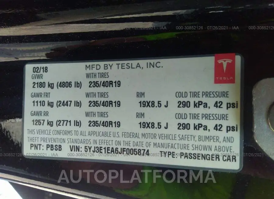 TESLA MODEL 3 2018 vin 5YJ3E1EA6JF005874 from auto auction Iaai