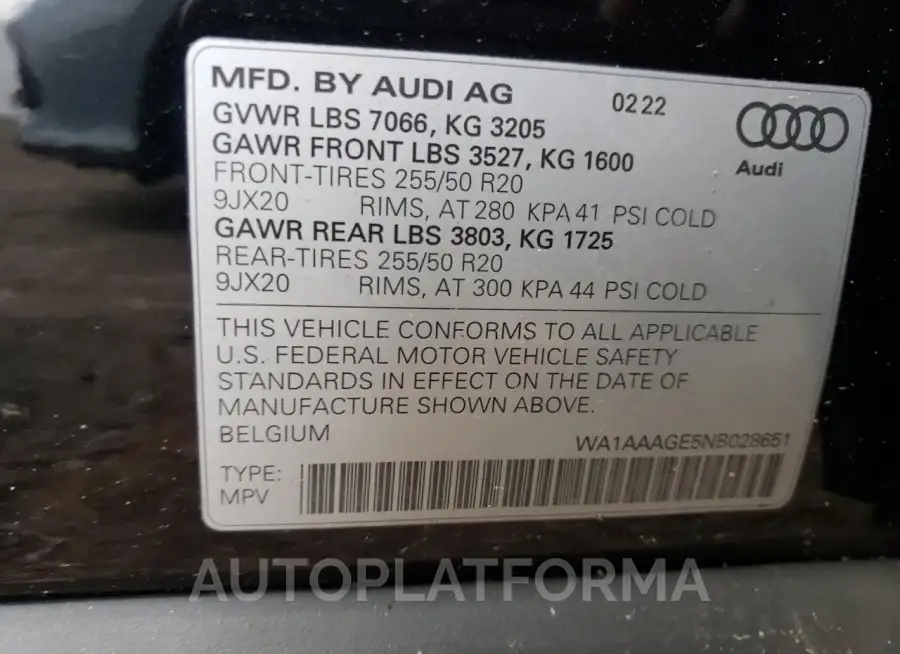 AUDI E-TRON PRE 2022 vin WA1AAAGE5NB028651 from auto auction Copart