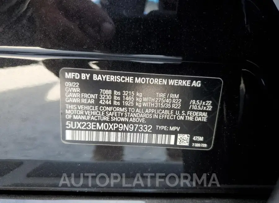 BMW X7 XDRIVE4 2023 vin 5UX23EM0XP9N97332 from auto auction Copart