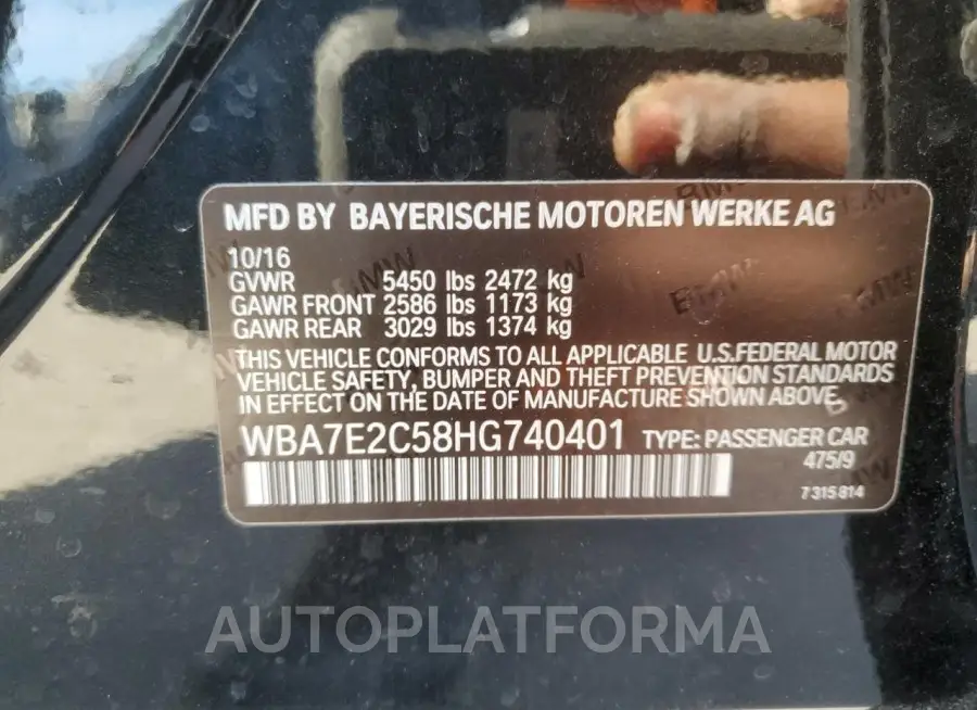 BMW 740 I 2017 vin WBA7E2C58HG740401 from auto auction Copart