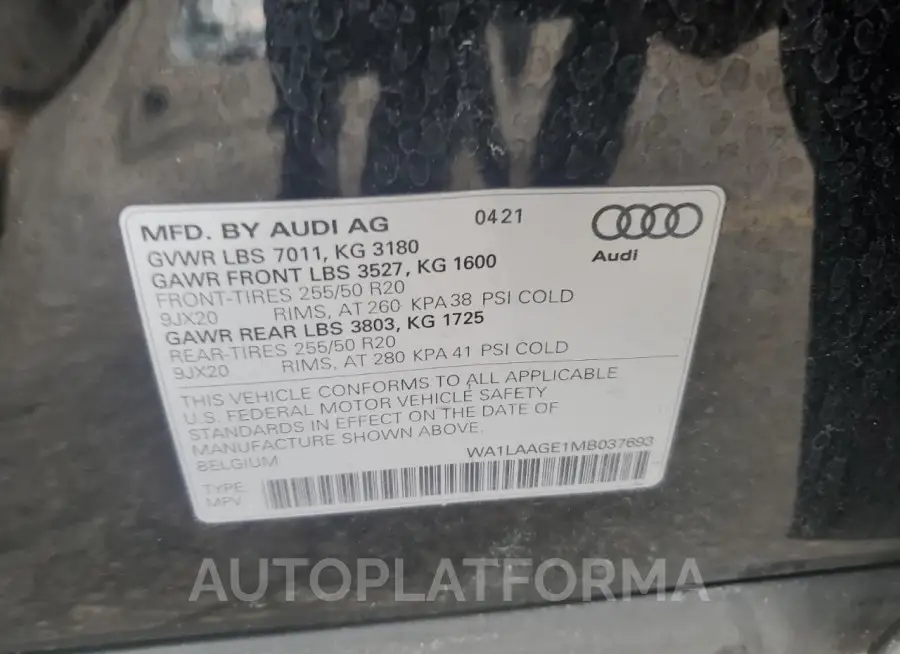 AUDI E-TRON PRE 2021 vin WA1LAAGE1MB037693 from auto auction Copart