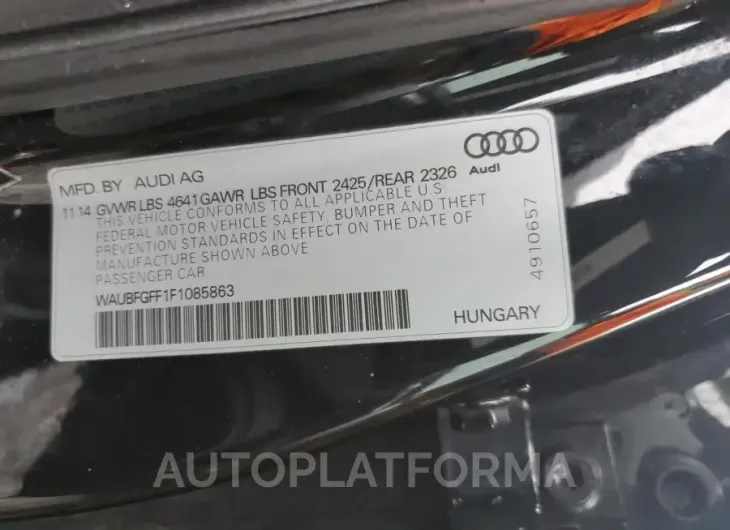 AUDI S3 2015 vin WAUBFGFF1F1085863 from auto auction Copart