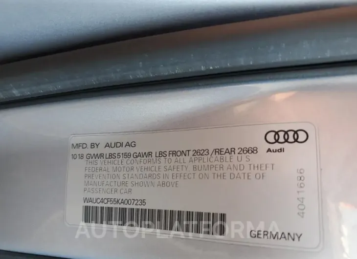 AUDI S5 PRESTIG 2019 vin WAUC4CF55KA007235 from auto auction Copart