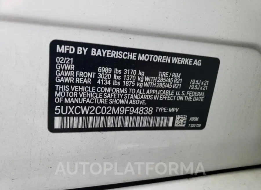 BMW X7 XDRIVE4 2021 vin 5UXCW2C02M9F94838 from auto auction Copart