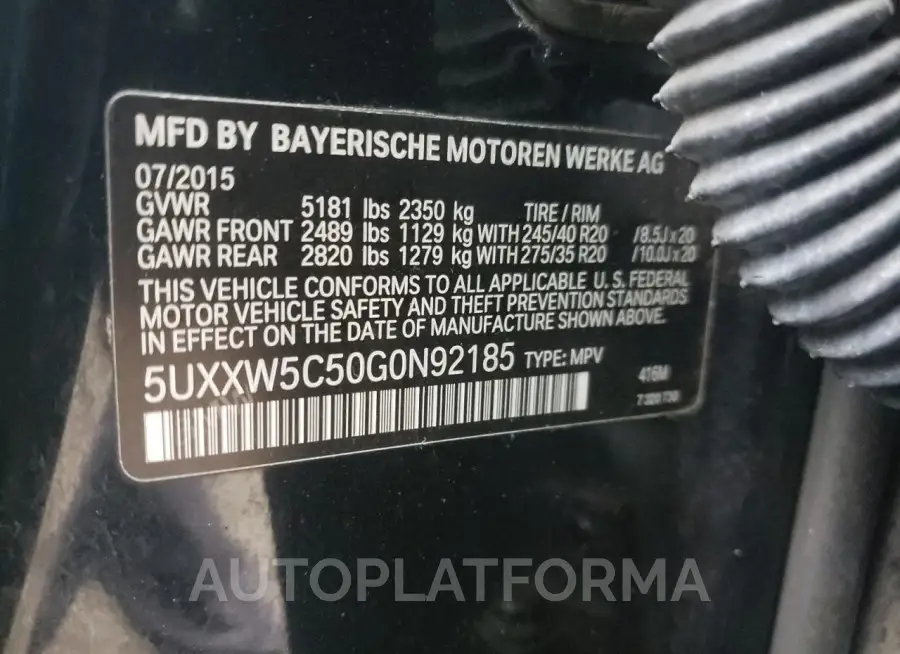 BMW X4 XDRIVE3 2016 vin 5UXXW5C50G0N92185 from auto auction Copart