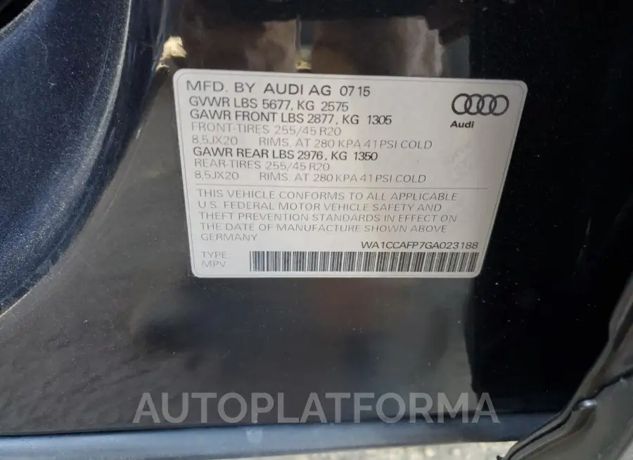 AUDI SQ5 PREMIU 2016 vin WA1CCAFP7GA023188 from auto auction Copart