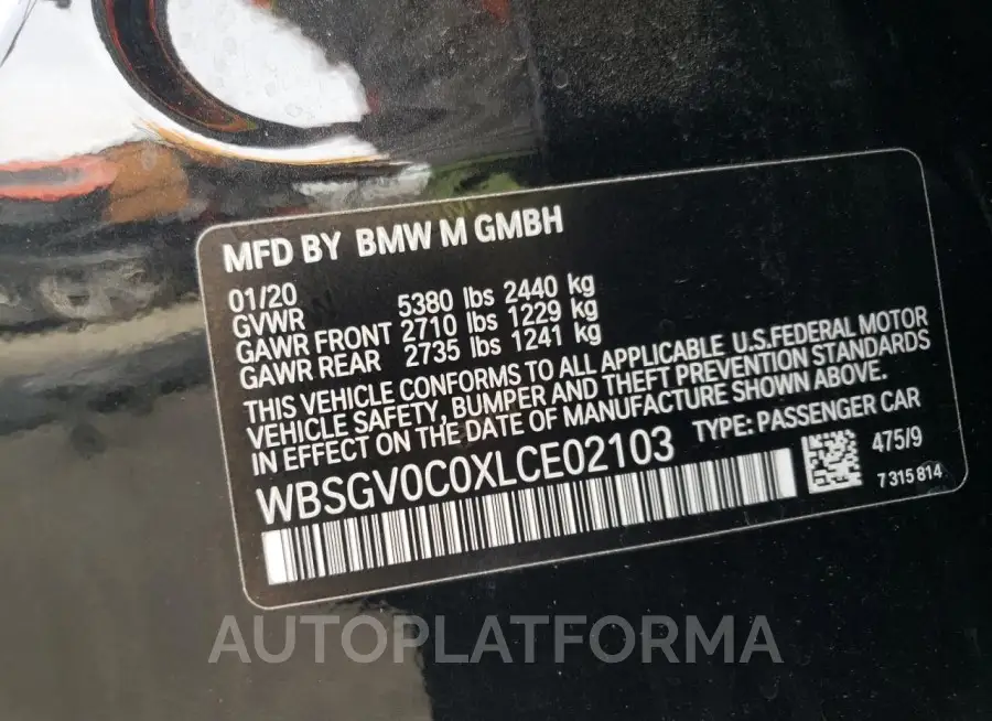 BMW M8 2020 vin WBSGV0C0XLCE02103 from auto auction Copart